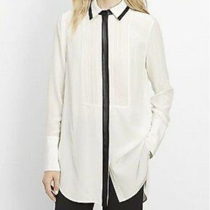 Vince ivory silk & faux leather tuxedo blouse, NWT